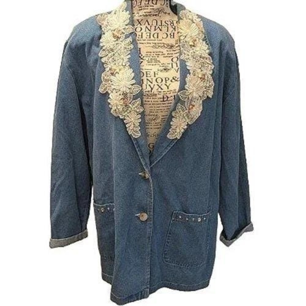 Jeweled Denim Blazer 1990s Cactus California Lace Beaded Snap Fitted Large VTG